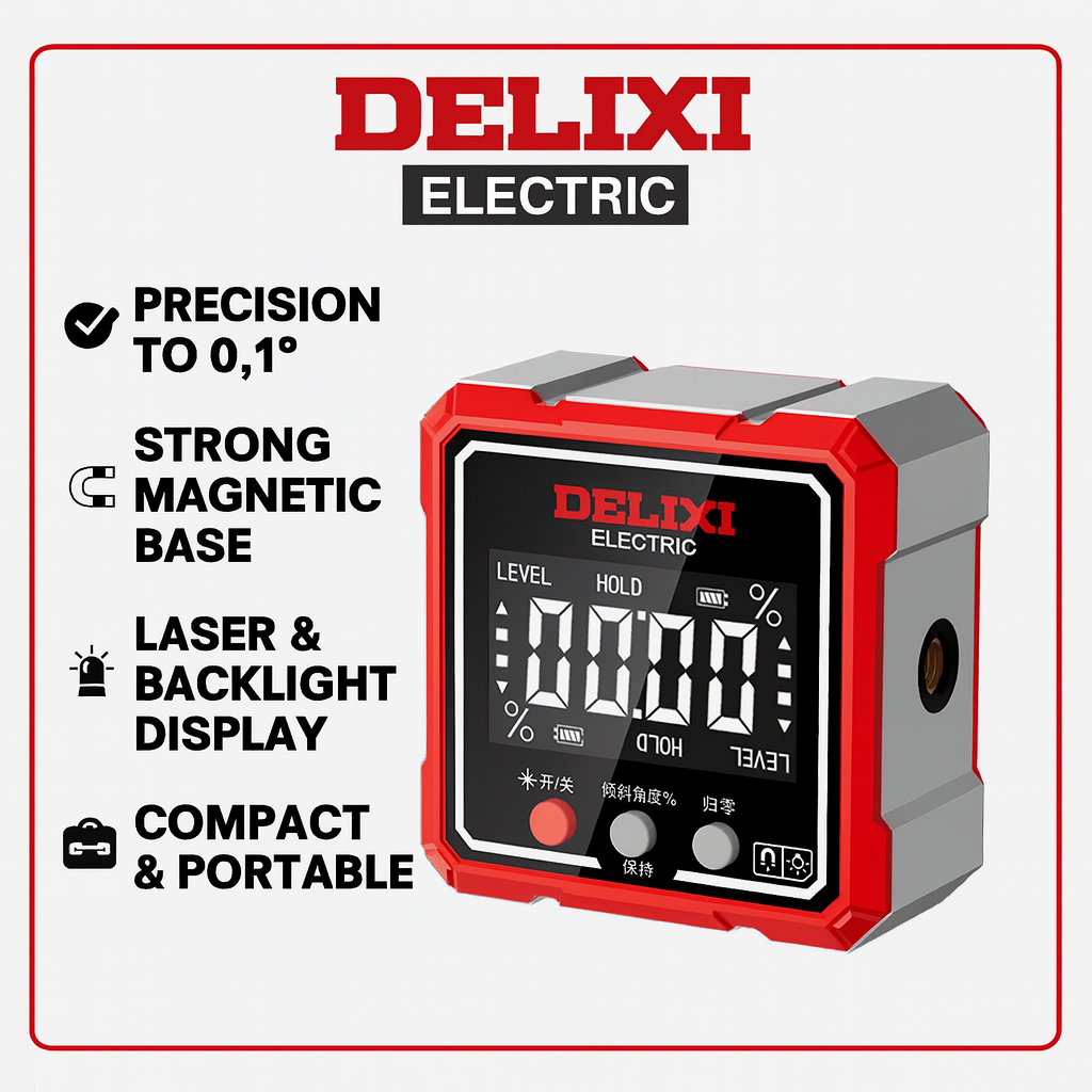Delixi Digitale Hellingmeter met Laser & Magnetische Basis – Precisie Hoekmeter
